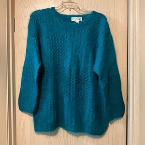 Vintage Mohair Blend Bright Teal Blue Check Knit Crewneck Sweater size Small